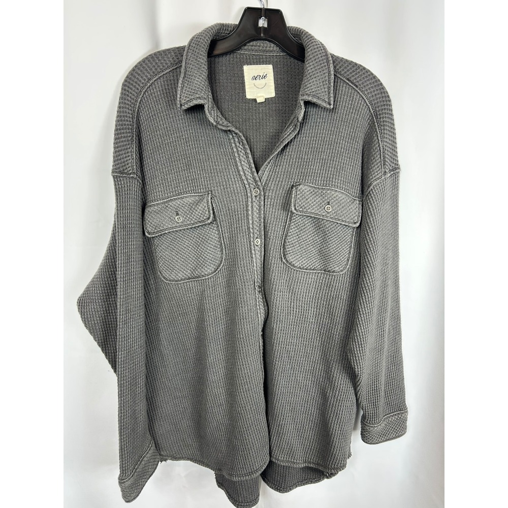 Aerie Waffle Knit Button Down Shirt Gray Oversized Thermal Shacket Small